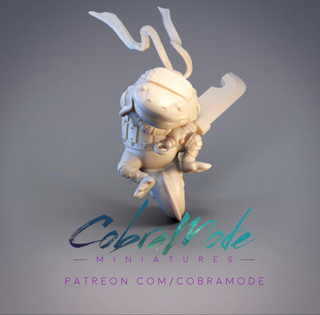 a small white figurine of a character with a sword, standing on a gray background.