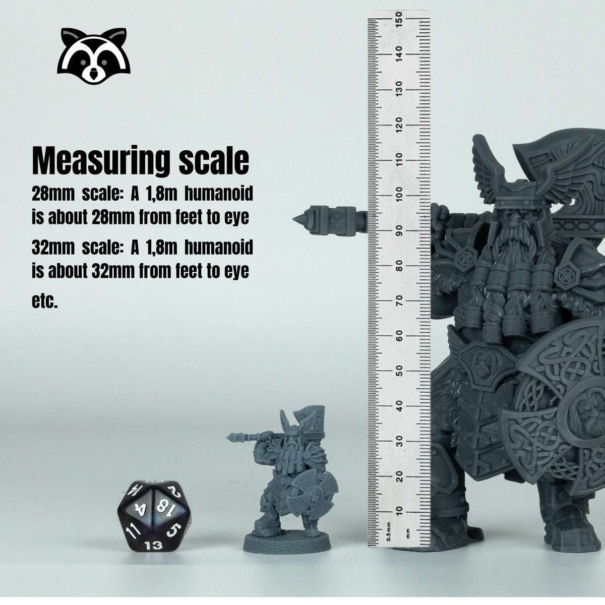 a miniature figurine of a dwarf, a dice, and a ruler, all placed next to each other.