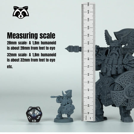 a miniature figurine of a dwarf, a dice, and a ruler, all placed next to each other.