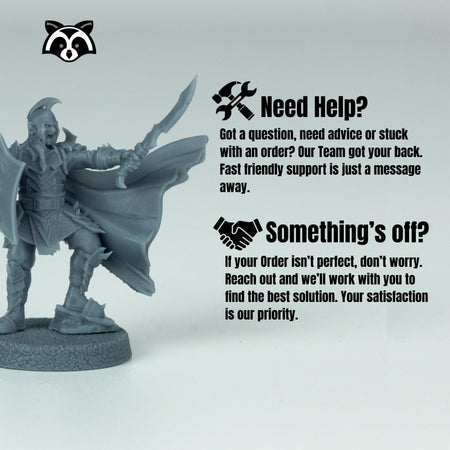 a gray warrior figurine with a sword and shield, accompanied by text providing assistance for customers.