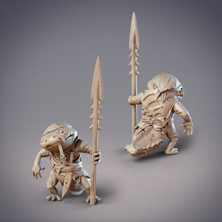 two 3D models of fantastical creatures, each holding a spear.