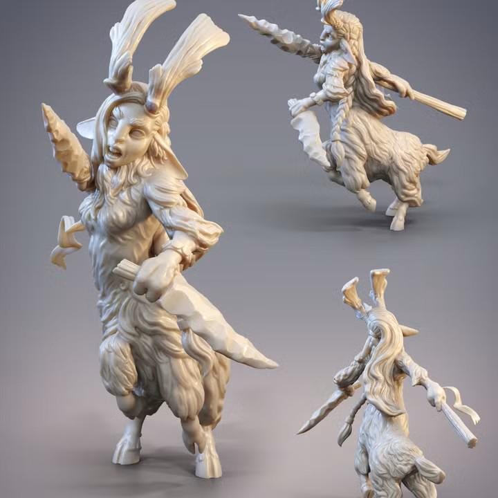 three detailed 3D models of fantastical creatures, including a large, furry creature with horns and a long neck, a creature with a long neck and a pointed weapon, and a creature with a long neck and a pointed weapon.