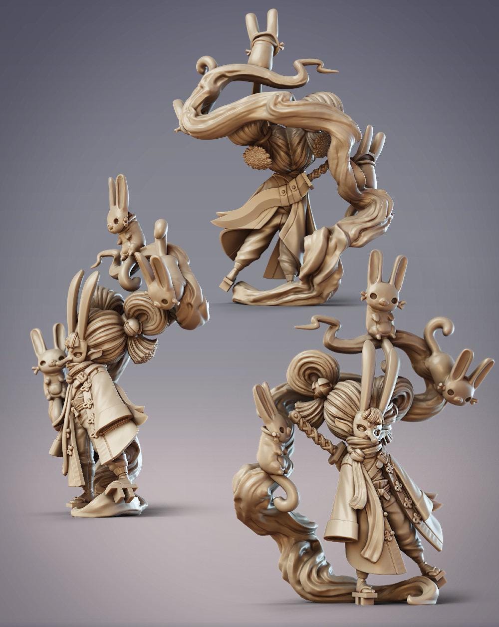 three distinct sculptures of fantastical creatures, including a rabbit-like figure, a dragon-like creature, and a rabbit-like creature with a human-like face.