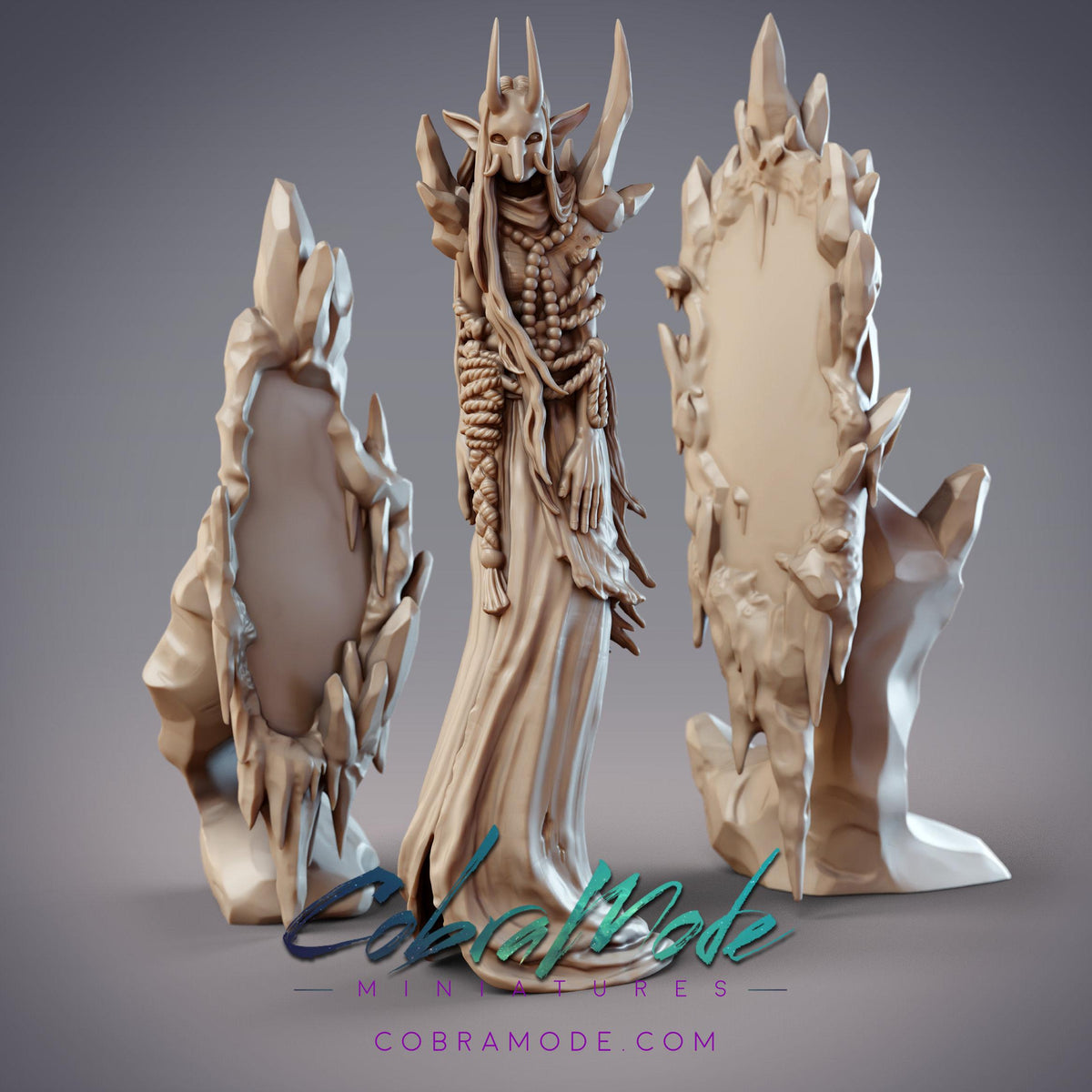 three sculptures of fantastical creatures, including a large, intricate dragon-like figure with horns and a long, flowing dress. The sculptures are set against a neutral gray background, and there is text in the bottom right corner that reads "Cobaltode Miniature Co."