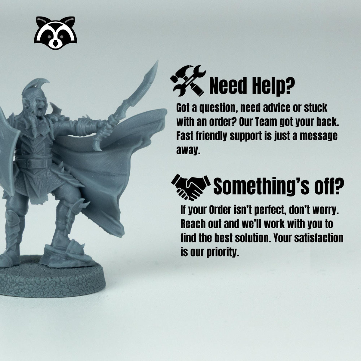 a gray warrior figurine with a sword and shield, accompanied by text providing assistance for customers.
