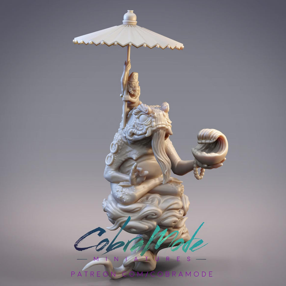 a detailed sculpture of a dragon-like creature with a human-like figure on its back, holding an umbrella.