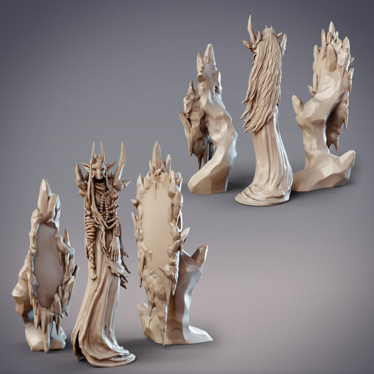 a collection of sculptures, including a group of three tall, spiky sculptures and a group of three smaller, more abstract sculptures.
