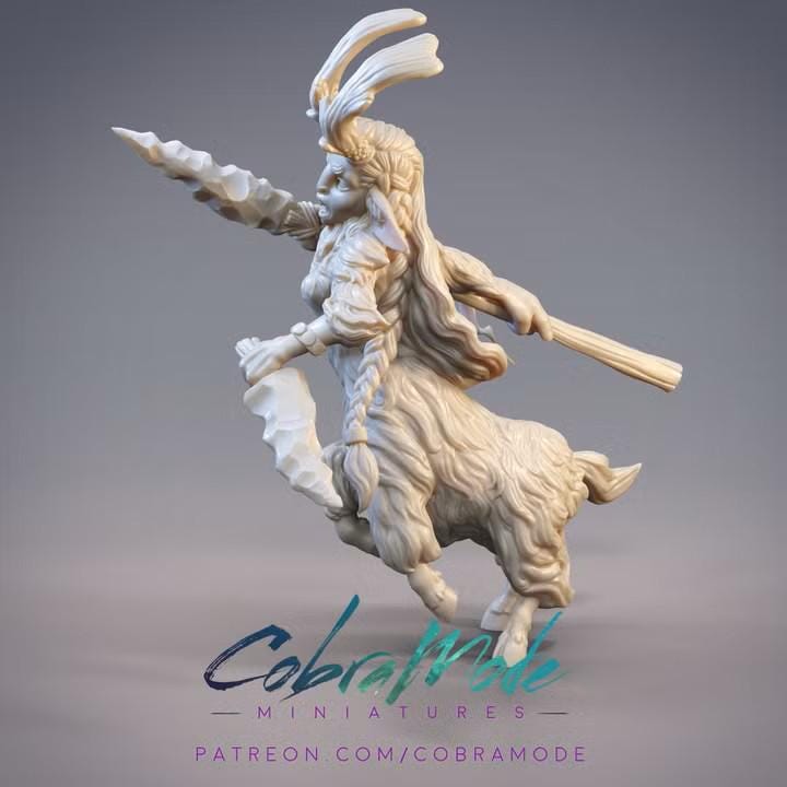 A 3D model of a fantastical creature, resembling a mythical being with horns, a long neck, and a flowing mane. The creature is holding a spear and appears to be in motion, with a flowing mane and a long tail. The image is described as a "miniatures" and "patron.com/cobramode" with a copyright notice, indicating that it is a creative work protected by copyright.
