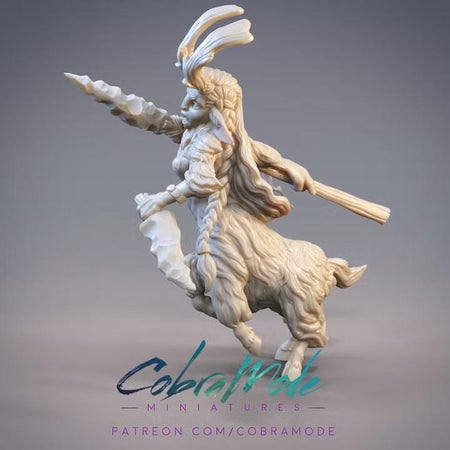 A 3D model of a fantastical creature, resembling a mythical being with horns, a long neck, and a flowing mane. The creature is holding a spear and appears to be in motion, with a flowing mane and a long tail. The image is described as a "miniatures" and "patron.com/cobramode" with a copyright notice, indicating that it is a creative work protected by copyright.