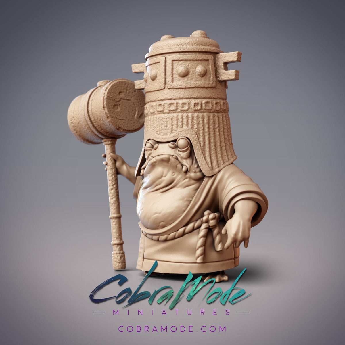 a 3D model of a character holding a hammer and a sword, with the text "Cobra mode MINIATURES" and "Cobramode.com" displayed below the image.