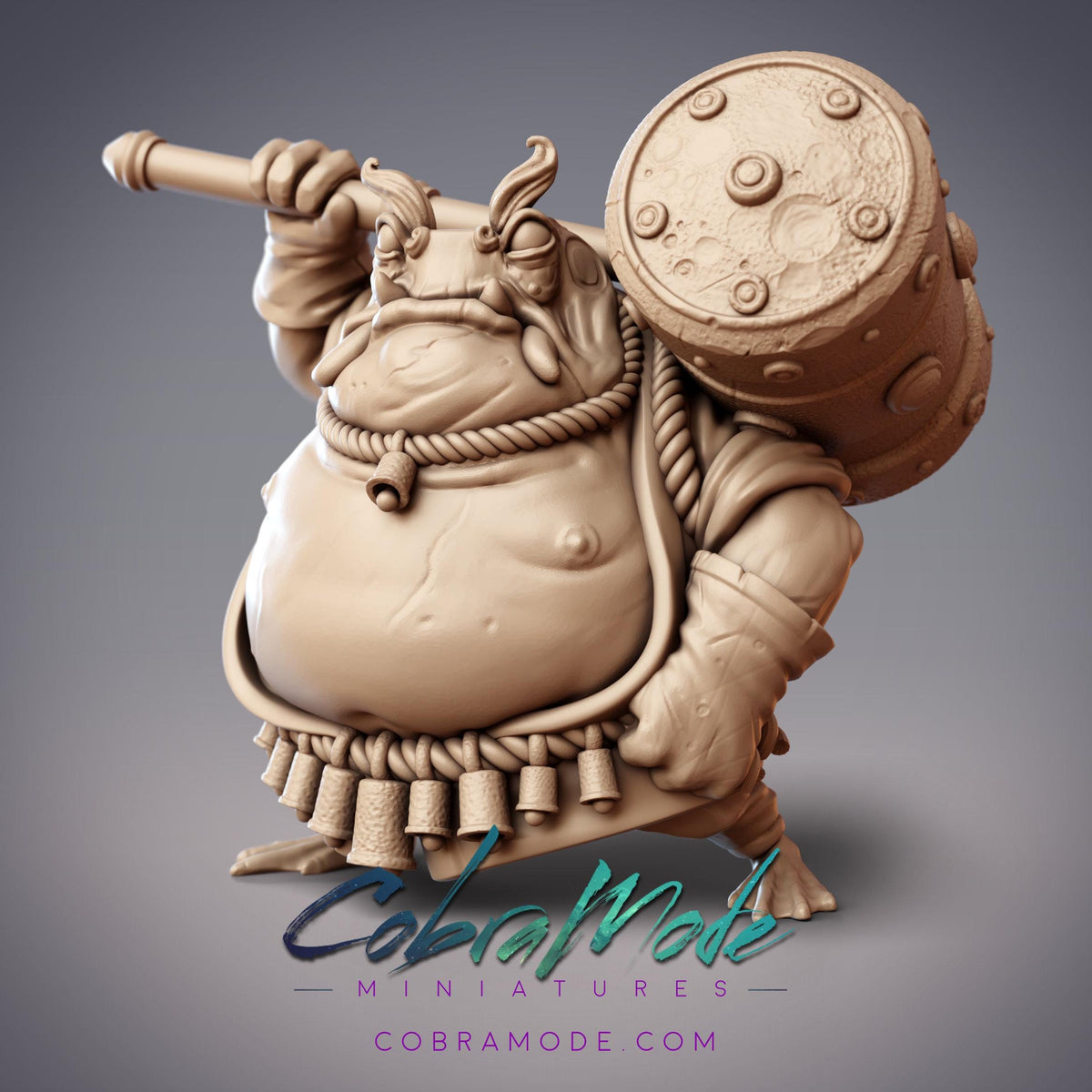 A 3D model of a fantastical creature, possibly a monster or a dragon, with a large head, bulging body, and a large hammer-like weapon. The creature is wearing a decorative belt and has a bell around its neck. The image is described as a "collage of multiple images" and "miniatures" and is associated with Cobramode.com.