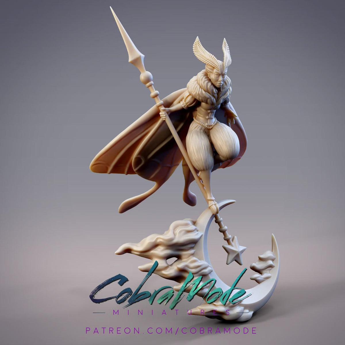 A 3D model of a fantastical creature, possibly a dragon or serpent, holding a spear and standing on a crescent moon. The creature has a flowing cape and is depicted in a dynamic pose.