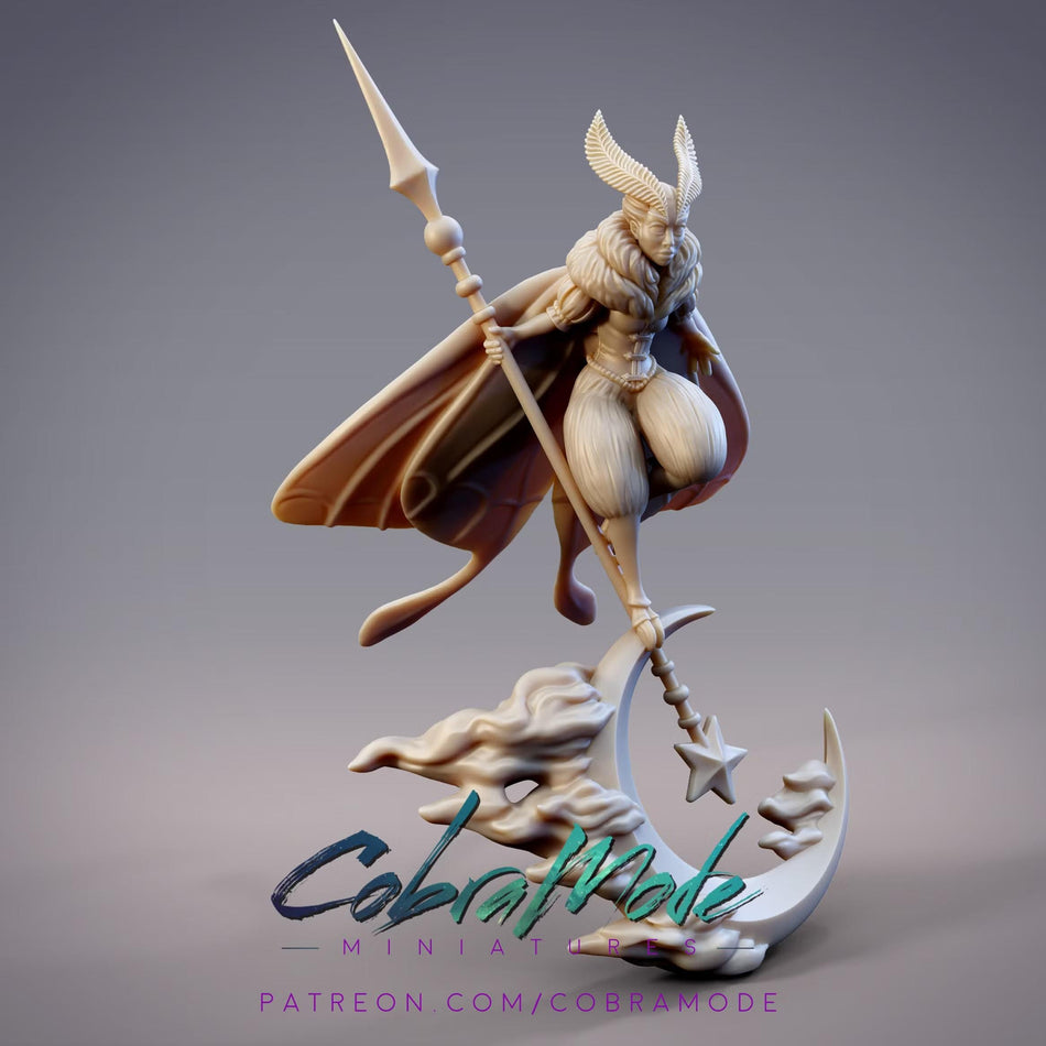 A 3D model of a fantastical creature, possibly a dragon or serpent, holding a spear and standing on a crescent moon. The creature has a flowing cape and is depicted in a dynamic pose.