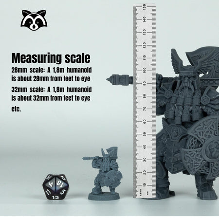a miniature figurine of a dwarf, a dice, and a ruler, all placed next to each other.