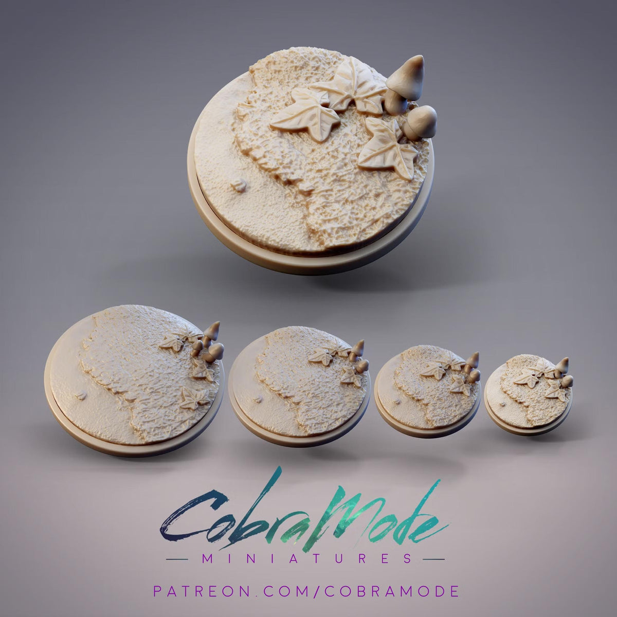 a collection of miniature figurines, including a large circular figurine with a leafy design and two smaller circular figurines with similar leafy designs. The image also includes text that reads "Cobramode MINIATURES PATRON.COM/COBRAMODE".