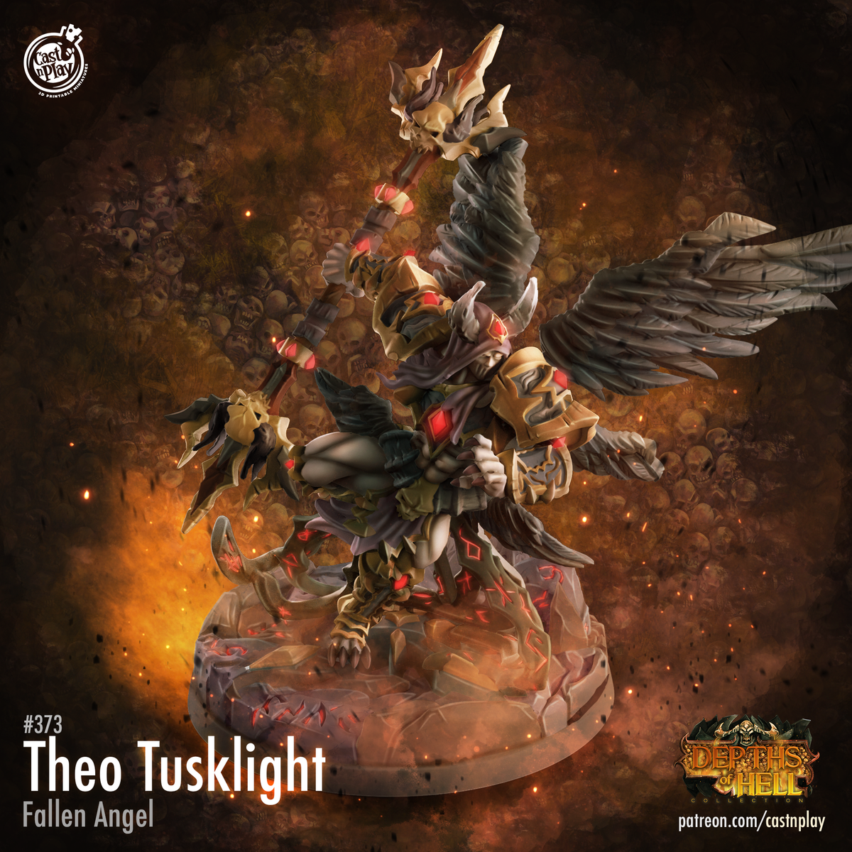 a detailed and intricate fantasy character, specifically a fallen angel named Theo Tusklight, who is shown in a dynamic pose with wings and a staff.