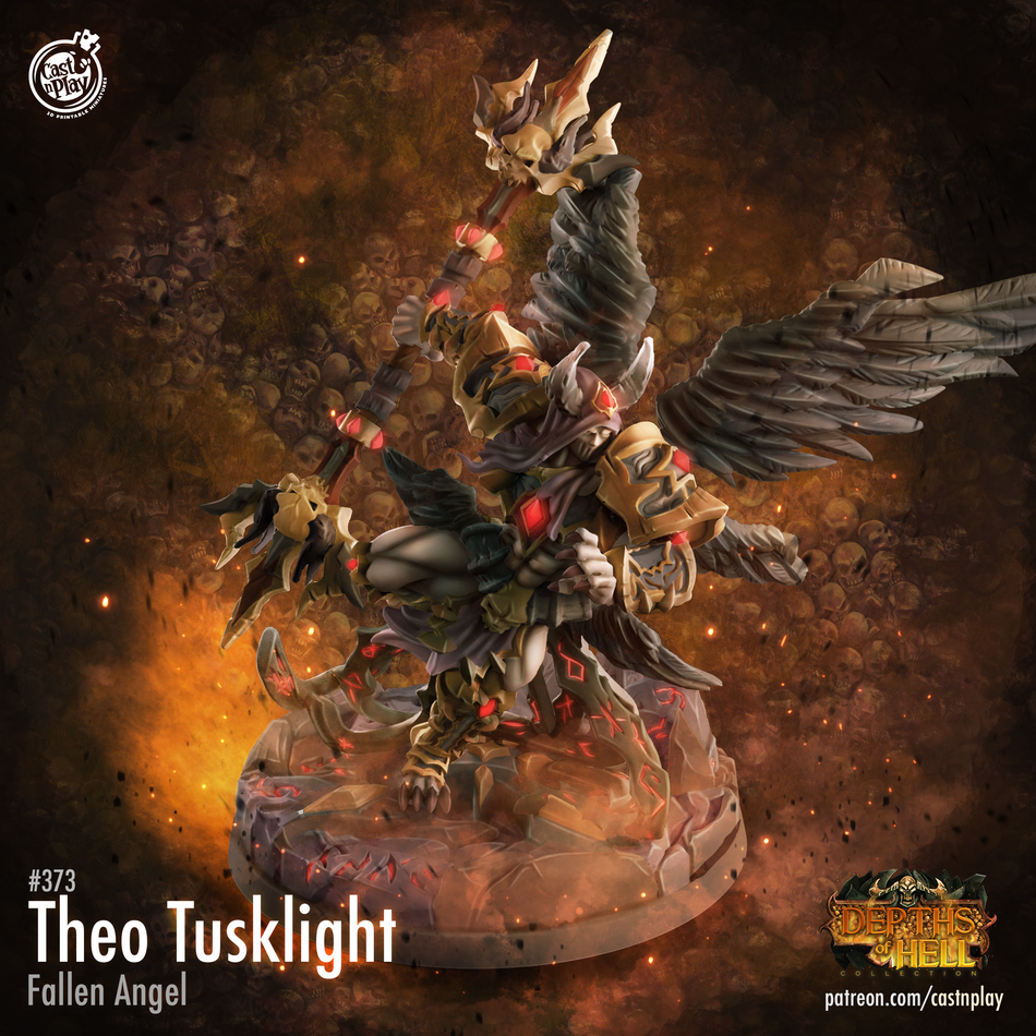 a detailed and intricate fantasy character, specifically a fallen angel named Theo Tusklight, who is shown in a dynamic pose with wings and a staff.
