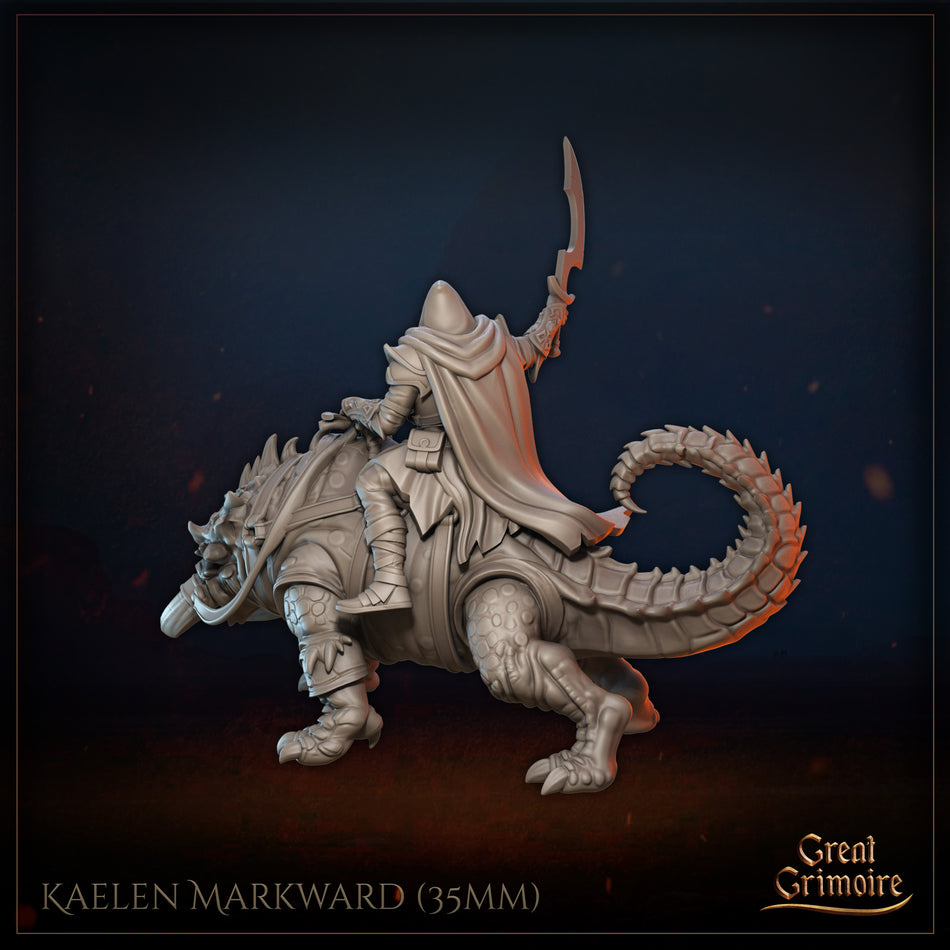 Kaelen Markward on Armored Lizard - Sand Prophecy - Great Grimoire