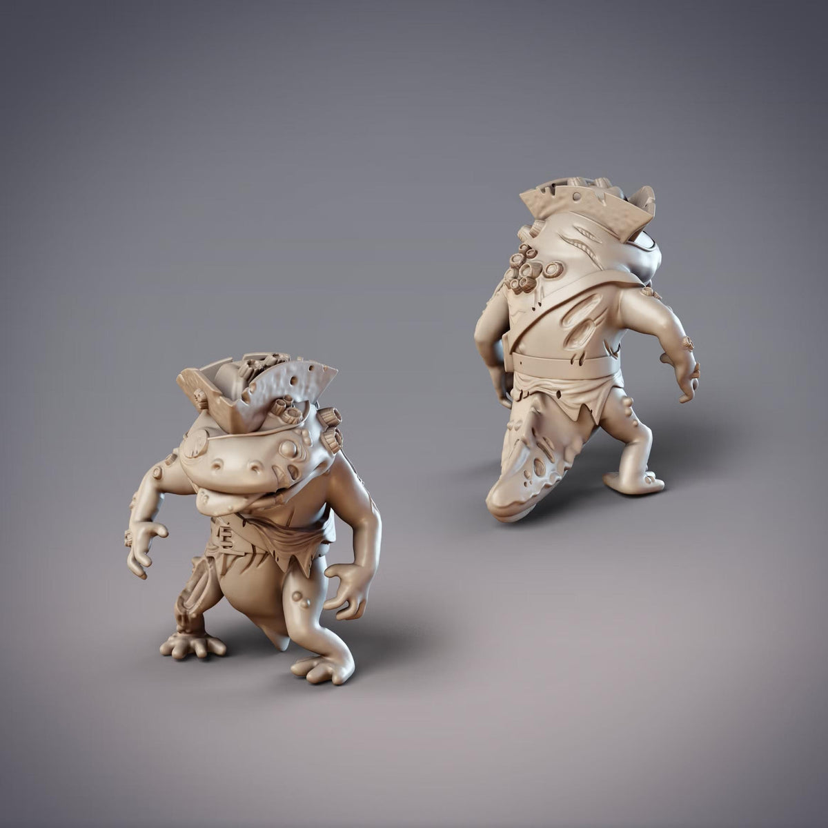 two 3D models of fantastical creatures, including a large, furry creature with a pointed head and a smaller, more detailed creature with a long tail.