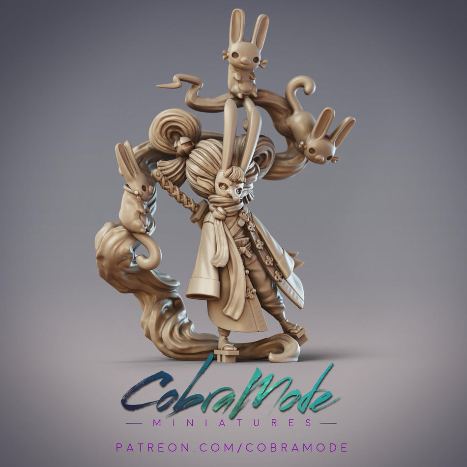The image is a 3D model of a character with a unique design, featuring a combination of rabbit-like elements and other fantastical features. The character appears to be a miniature figure, possibly representing a fantasy or science fiction theme.