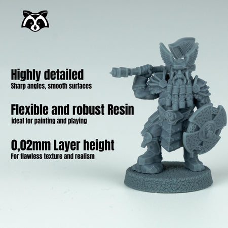 A highly detailed, sharp-angled, smooth-surfaced, flexible, and robust resin model of a fantasy character, likely a dwarf or gnome, with a 0.02mm layer height.