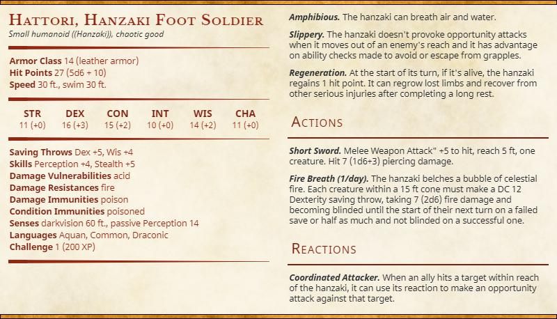 a detailed description of a character named Hatori, a foot soldier from the Hanzaki humanoid (Hantzaki) species. The text provides information about Hatori's abilities, actions, and reactions, as well as his role in a battle. The image is not a collage of multiple images, but rather a single, comprehensive description of Hatori's character.