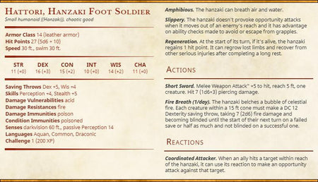 a detailed description of a character named Hatori, a foot soldier from the Hanzaki humanoid (Hantzaki) species. The text provides information about Hatori's abilities, actions, and reactions, as well as his role in a battle. The image is not a collage of multiple images, but rather a single, comprehensive description of Hatori's character.