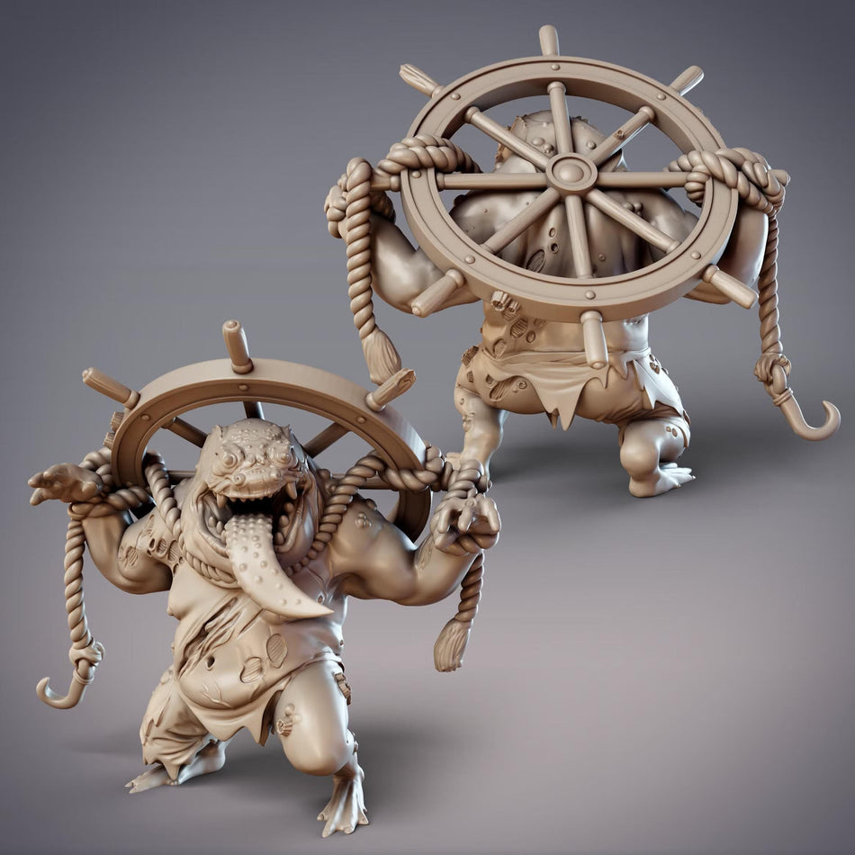 A 3D rendering of a fantastical creature with a large head, long neck, and a large, round wheel-like object on its back. The creature appears to be a monster or a dragon-like creature, and it is holding the wheel-like object with its arms.