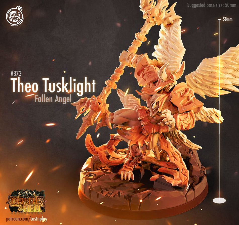 a detailed 3D model of a fallen angel statue, with intricate details and a fiery, golden hue.
