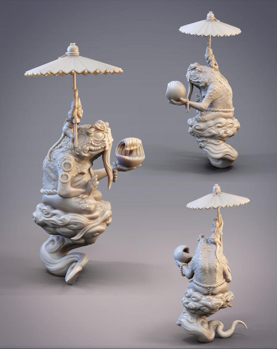 three sculptures of fantastical creatures, each holding an umbrella and a bowl. The sculptures are arranged in a grid-like pattern, with each one slightly different from the others. The sculptures are white in color and appear to be made of a material that resembles stone or clay.