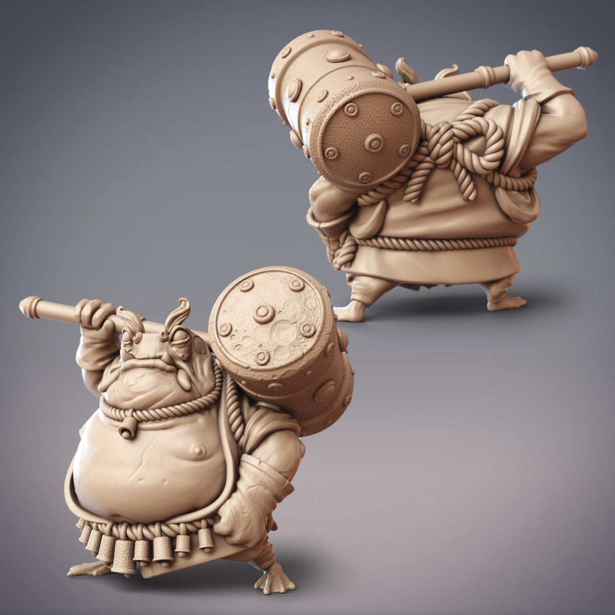 two 3D models of a character, one standing and one sitting, both holding a large hammer.
